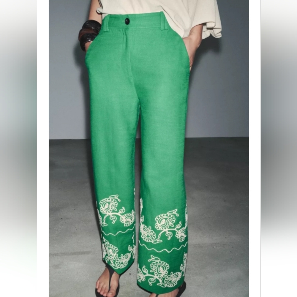 Zara Green Embroidered Mid-Rise Linen Blend Pants